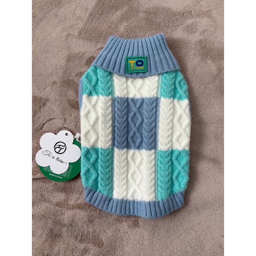 NWT To A Turn Blue Teal White Cable Knit Turtleneck Dog Sweater XS 1.5-6 lbs
